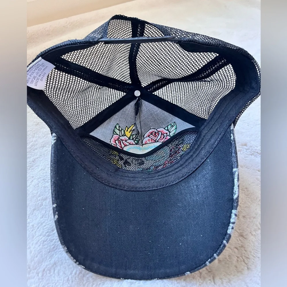 Vintage Skull, Flowers, and Rhinestone Trucker Hat - Picture 6 of 6